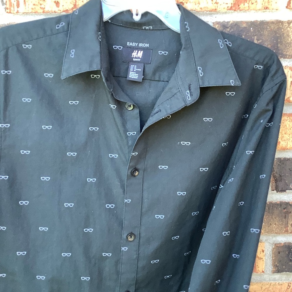 H & M Black LS Dress Shirt w/ glasses design